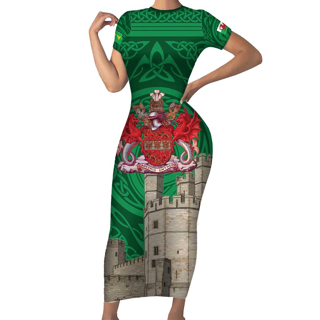 Personalized Caernarfonshire Wales Family Matching Short Sleeve Bodycon Dress and Hawaiian Shirt Caernarfon Castle and Emblem Celtic Style - Wonder Print Shop