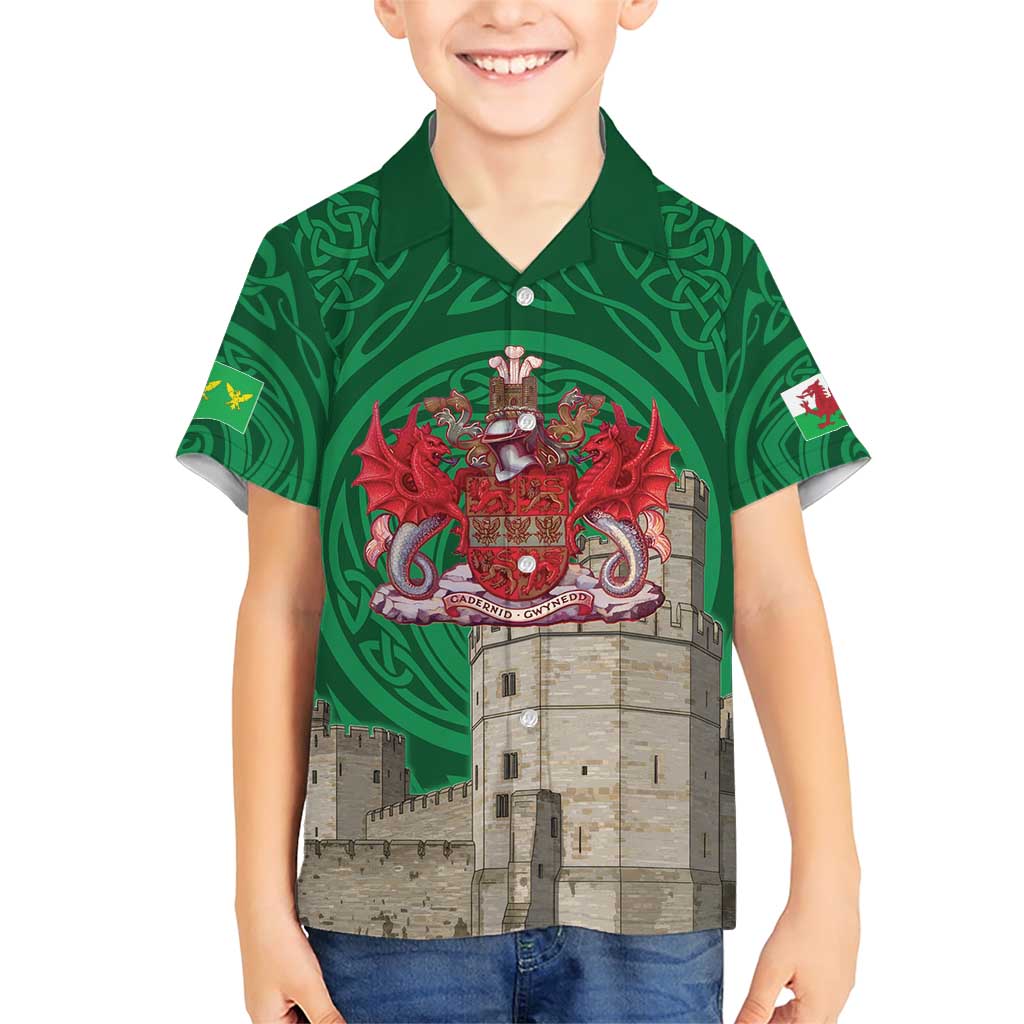 Personalized Caernarfonshire Wales Family Matching Short Sleeve Bodycon Dress and Hawaiian Shirt Caernarfon Castle and Emblem Celtic Style - Wonder Print Shop