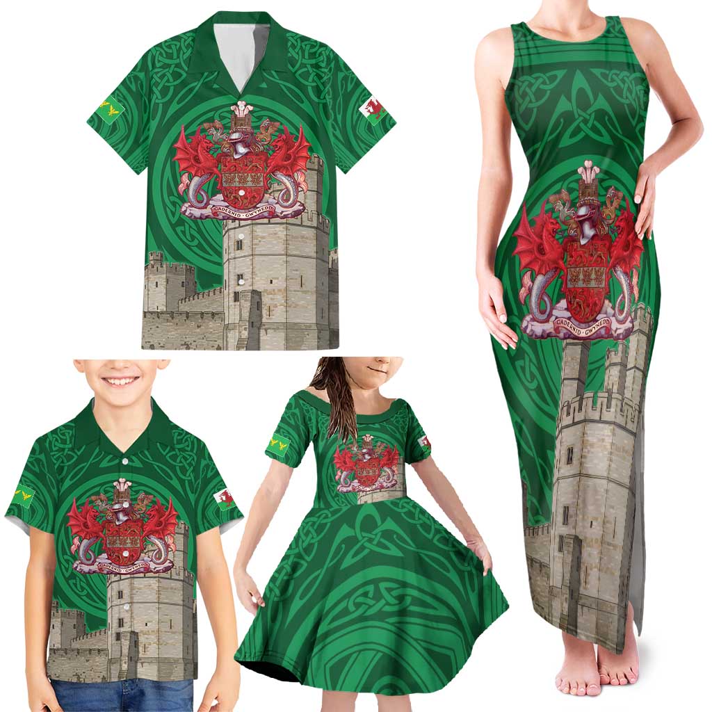 Personalized Caernarfonshire Wales Family Matching Tank Maxi Dress and Hawaiian Shirt Caernarfon Castle and Emblem Celtic Style - Wonder Print Shop