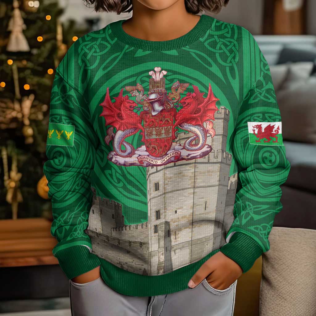 Personalized Caernarfonshire Wales Kid Ugly Christmas Sweater Caernarfon Castle and Emblem Celtic Style - Wonder Print Shop