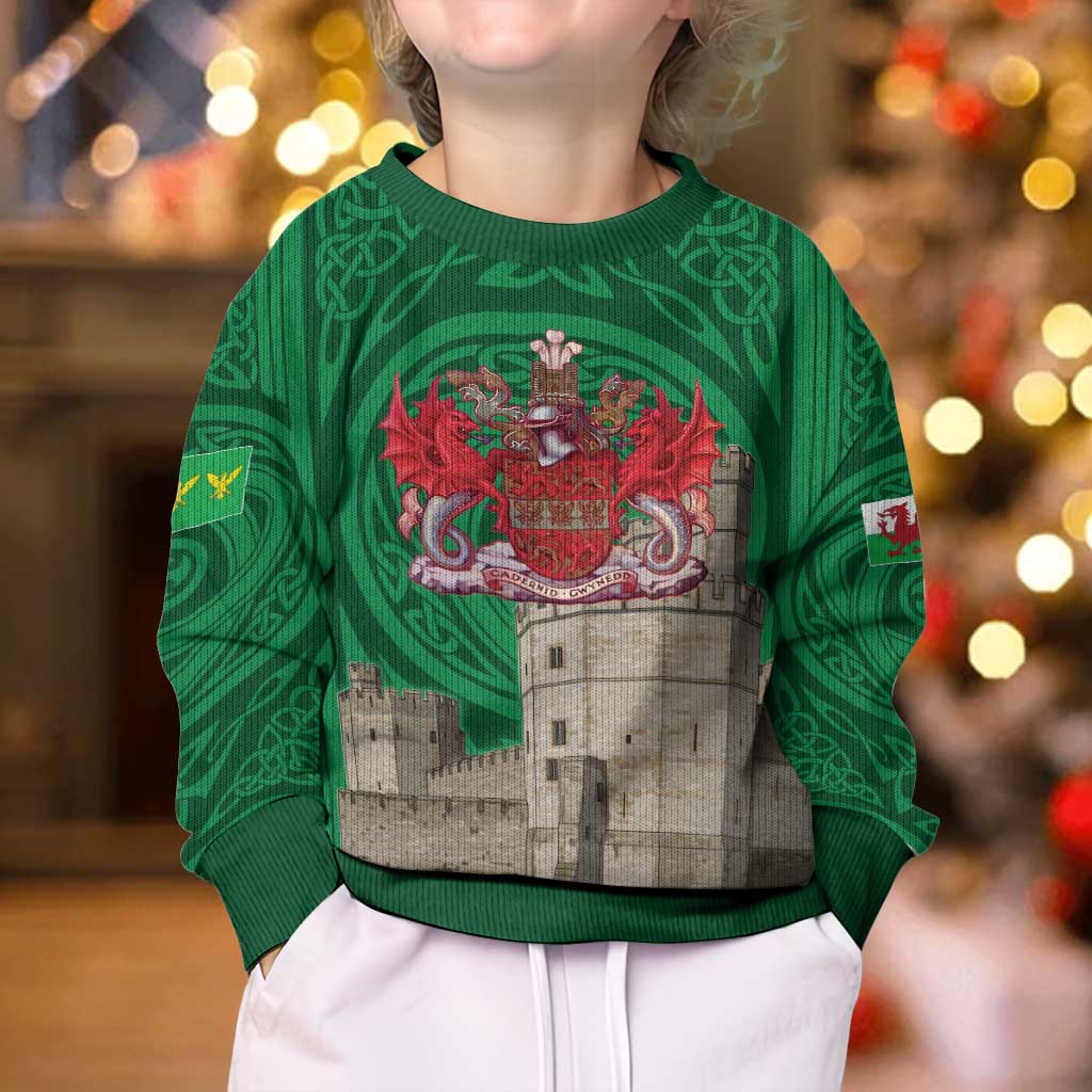 Personalized Caernarfonshire Wales Kid Ugly Christmas Sweater Caernarfon Castle and Emblem Celtic Style - Wonder Print Shop