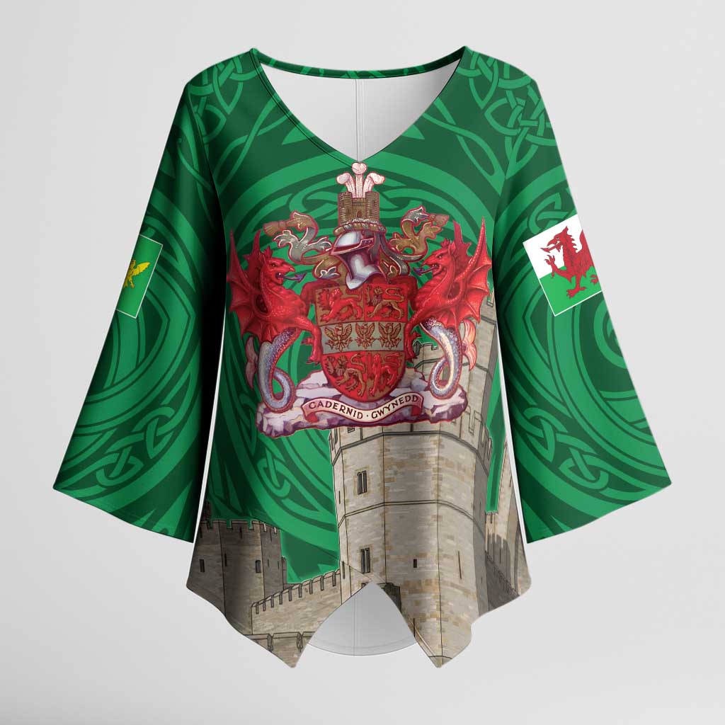 Personalized Caernarfonshire Wales Kimono Sleeve Blouse Caernarfon Castle and Emblem Celtic Style - Wonder Print Shop