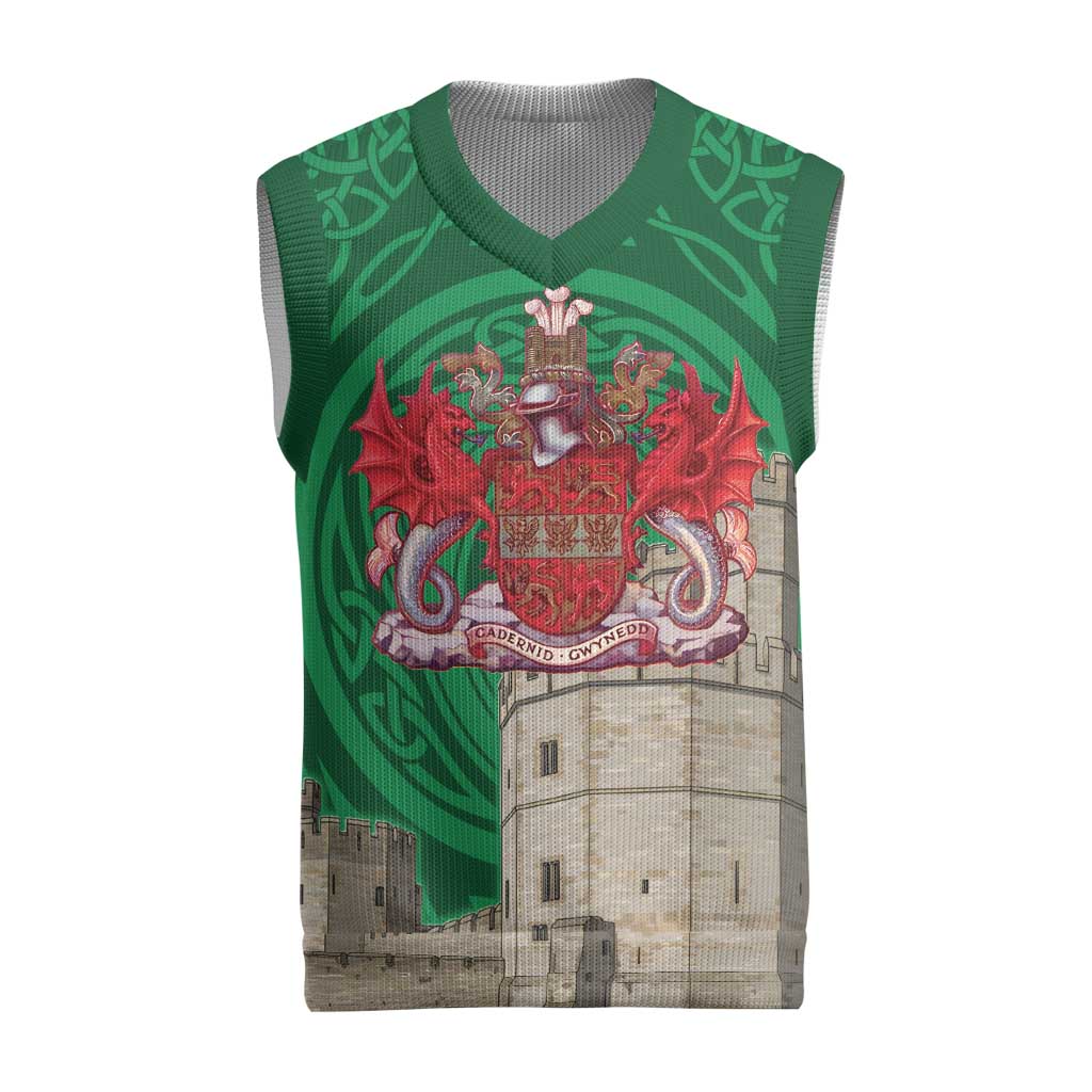 Personalized Caernarfonshire Wales Christmas Knitted V-Neck Vest Caernarfon Castle and Emblem Celtic Style - Wonder Print Shop