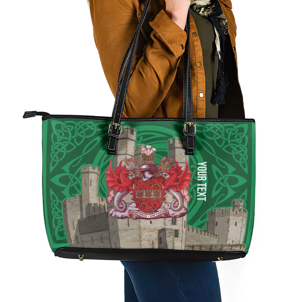 Personalized Caernarfonshire Wales Leather Tote Bag Caernarfon Castle and Emblem Celtic Style - Wonder Print Shop