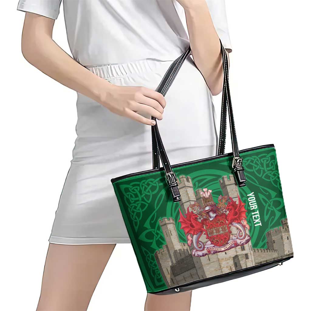 Personalized Caernarfonshire Wales Leather Tote Bag Caernarfon Castle and Emblem Celtic Style - Wonder Print Shop