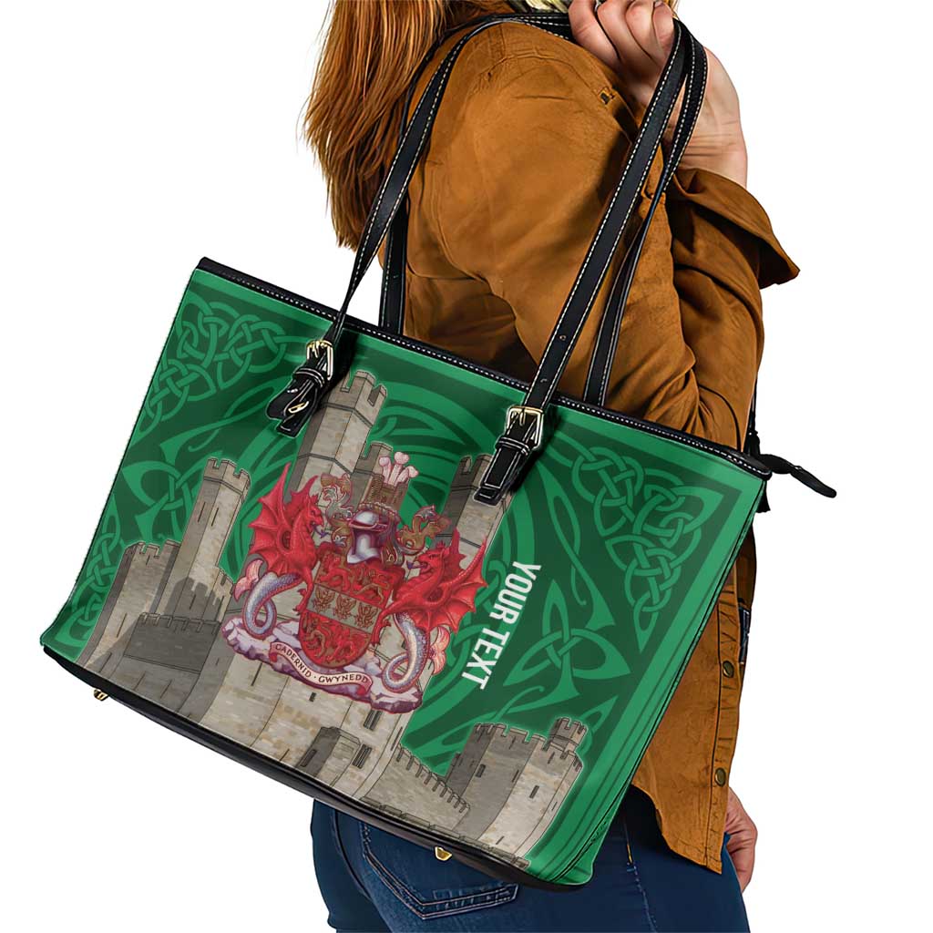 Personalized Caernarfonshire Wales Leather Tote Bag Caernarfon Castle and Emblem Celtic Style - Wonder Print Shop