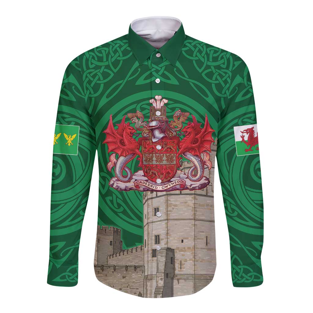 Personalized Caernarfonshire Wales Long Sleeve Button Shirt Caernarfon Castle and Emblem Celtic Style - Wonder Print Shop