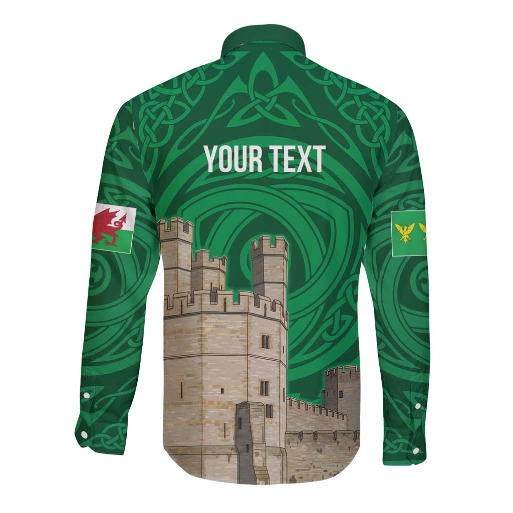 Personalized Caernarfonshire Wales Long Sleeve Button Shirt Caernarfon Castle and Emblem Celtic Style - Wonder Print Shop