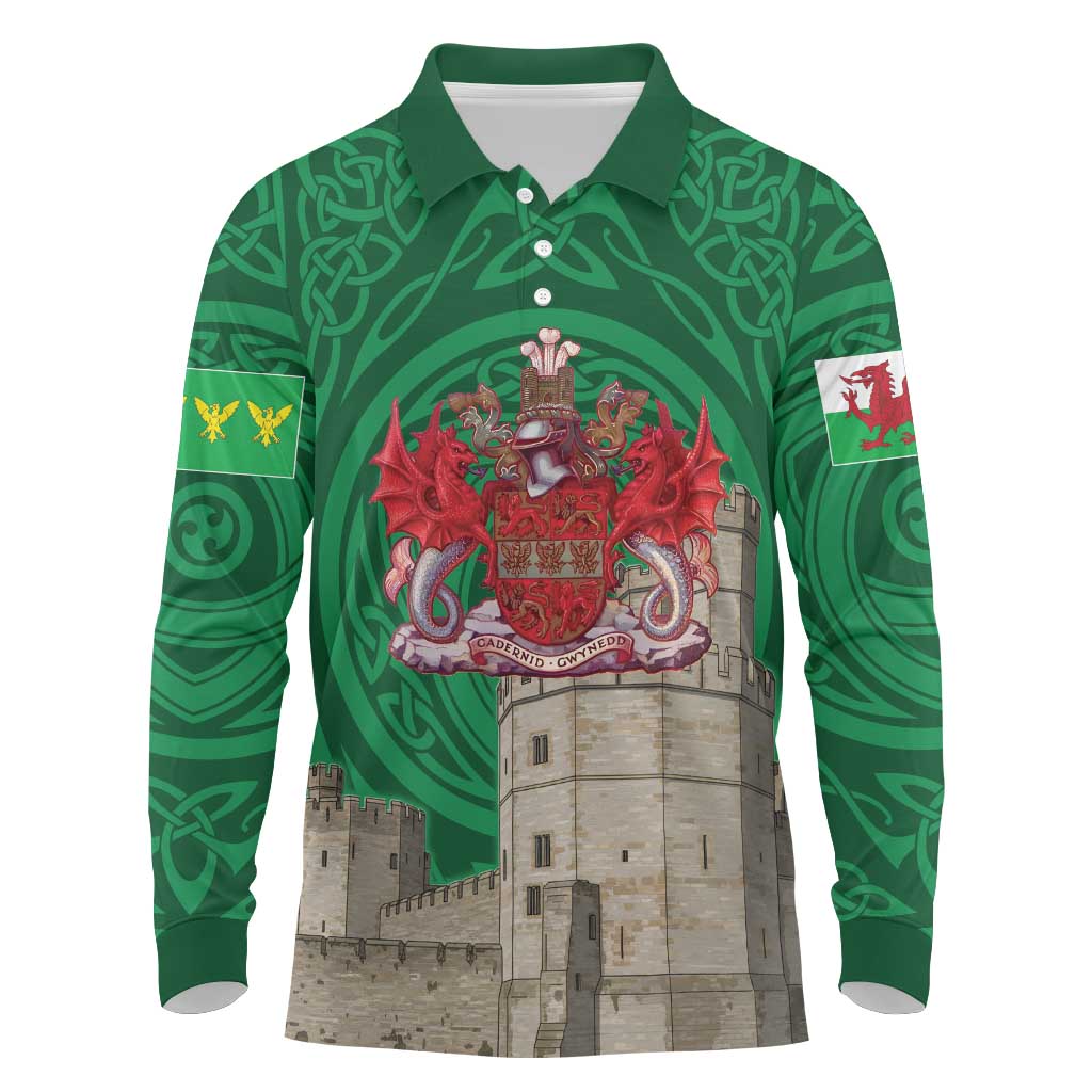 Personalized Caernarfonshire Wales Long Sleeve Polo Shirt Caernarfon Castle and Emblem Celtic Style - Wonder Print Shop