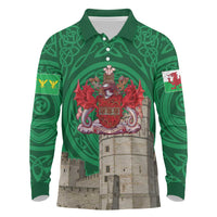 Personalized Caernarfonshire Wales Long Sleeve Polo Shirt Caernarfon Castle and Emblem Celtic Style - Wonder Print Shop