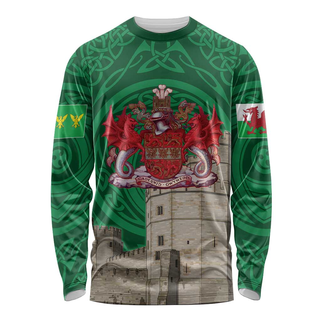 Personalized Caernarfonshire Wales Long Sleeve Shirt Caernarfon Castle and Emblem Celtic Style - Wonder Print Shop
