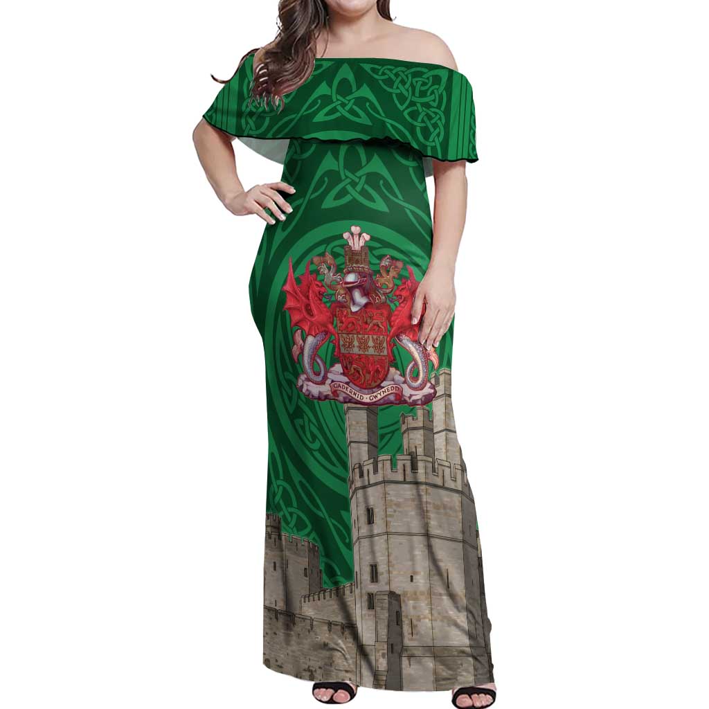 Personalized Caernarfonshire Wales Off Shoulder Maxi Dress Caernarfon Castle and Emblem Celtic Style - Wonder Print Shop