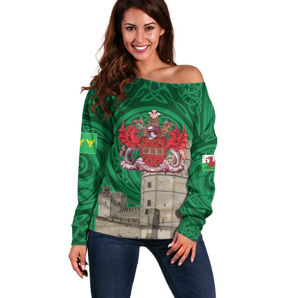 Personalized Caernarfonshire Wales Off Shoulder Sweater Caernarfon Castle and Emblem Celtic Style - Wonder Print Shop
