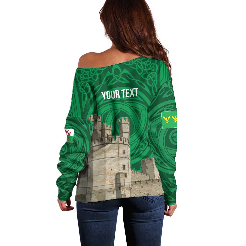 Personalized Caernarfonshire Wales Off Shoulder Sweater Caernarfon Castle and Emblem Celtic Style - Wonder Print Shop