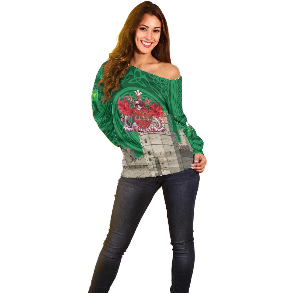 Personalized Caernarfonshire Wales Off Shoulder Sweater Caernarfon Castle and Emblem Celtic Style - Wonder Print Shop