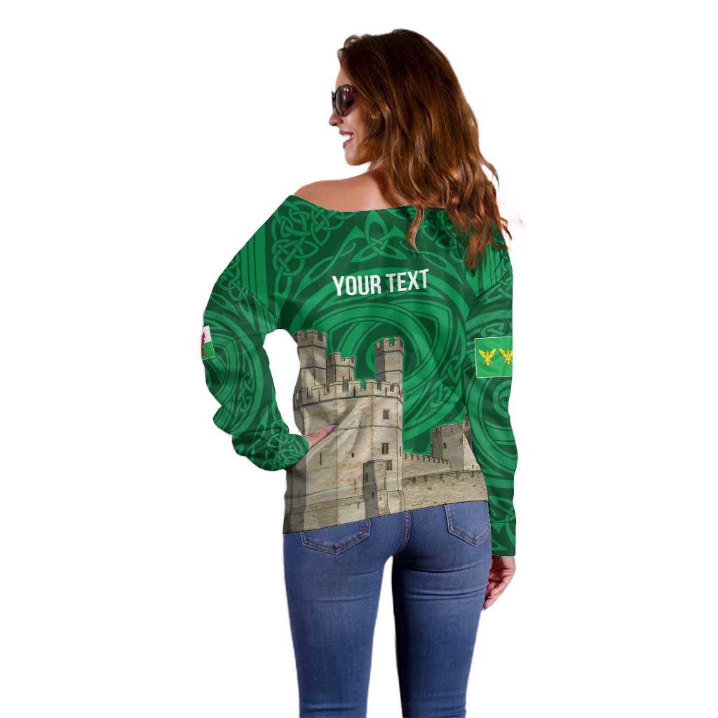 Personalized Caernarfonshire Wales Off Shoulder Sweater Caernarfon Castle and Emblem Celtic Style - Wonder Print Shop