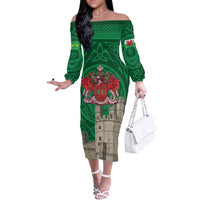 Personalized Caernarfonshire Wales Off The Shoulder Long Sleeve Dress Caernarfon Castle and Emblem Celtic Style - Wonder Print Shop
