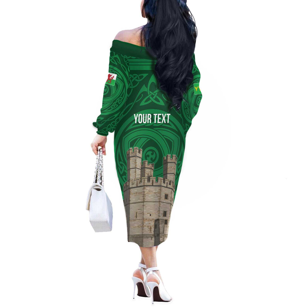 Personalized Caernarfonshire Wales Off The Shoulder Long Sleeve Dress Caernarfon Castle and Emblem Celtic Style - Wonder Print Shop