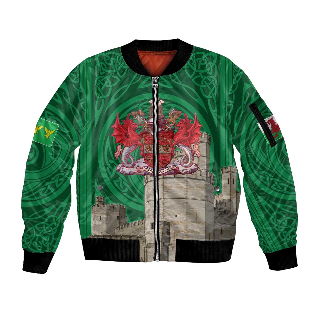 Personalized Caernarfonshire Wales Sleeve Zip Bomber Jacket Caernarfon Castle and Emblem Celtic Style - Wonder Print Shop