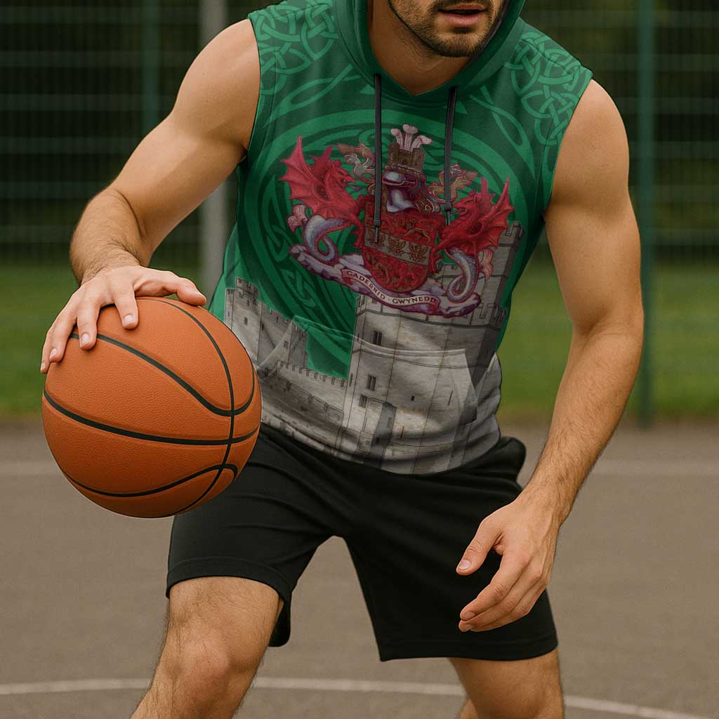 Personalized Caernarfonshire Wales Sleeveless Hoodie Caernarfon Castle and Emblem Celtic Style - Wonder Print Shop