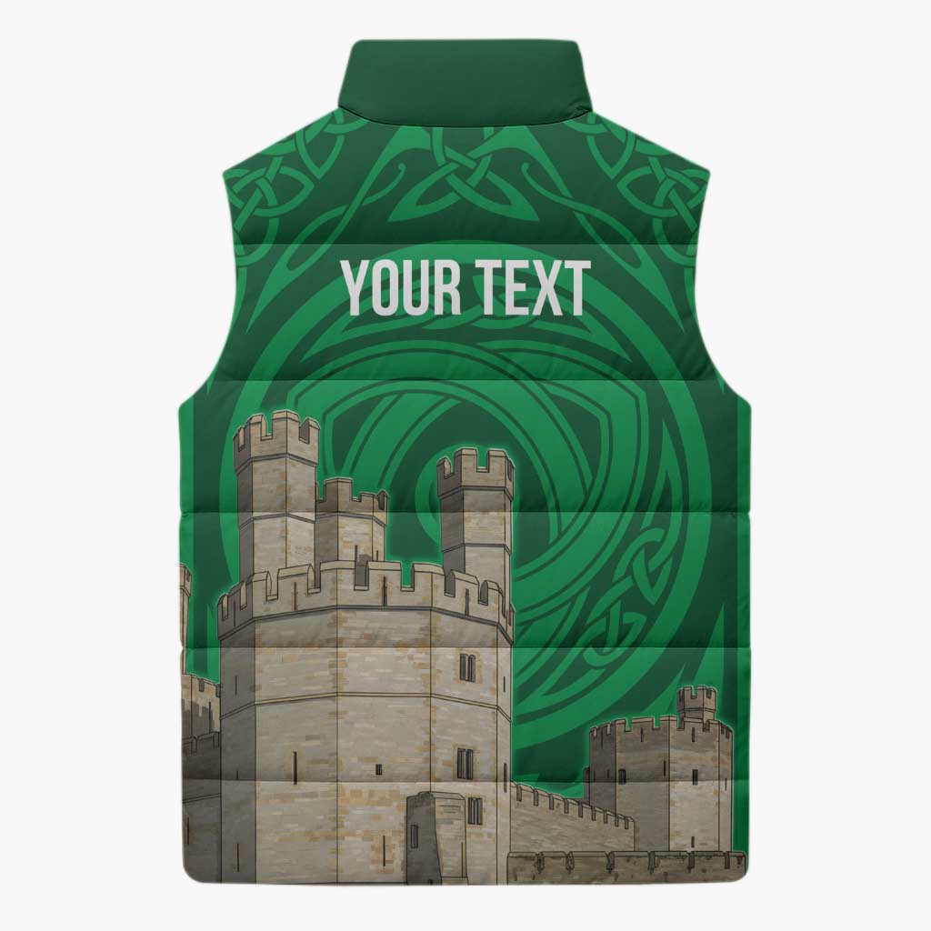 Personalized Caernarfonshire Wales Sleeveless Puffer Jacket Caernarfon Castle and Emblem Celtic Style - Wonder Print Shop