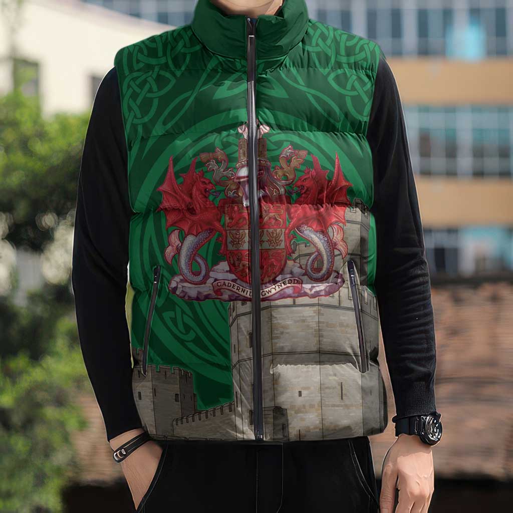 Personalized Caernarfonshire Wales Sleeveless Puffer Jacket Caernarfon Castle and Emblem Celtic Style - Wonder Print Shop