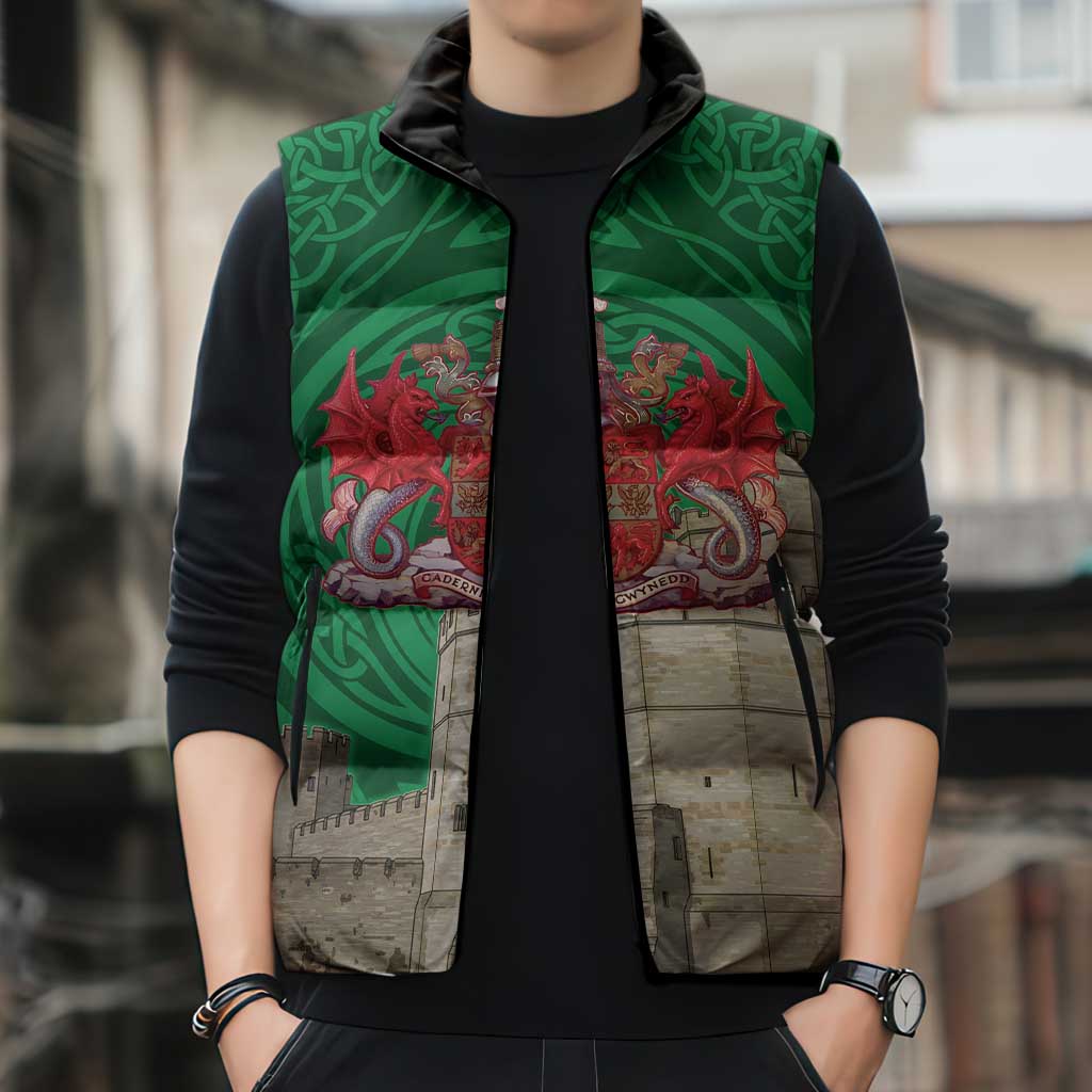 Personalized Caernarfonshire Wales Sleeveless Puffer Jacket Caernarfon Castle and Emblem Celtic Style - Wonder Print Shop