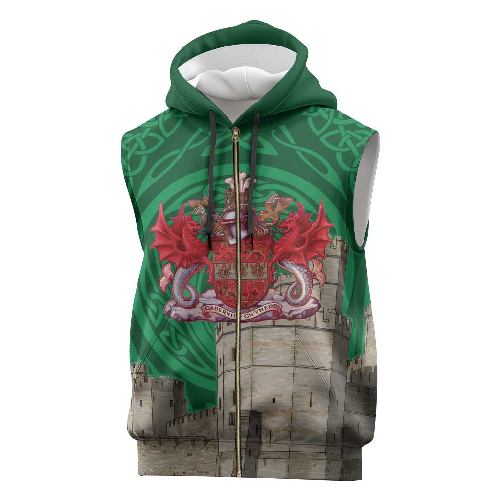 Personalized Caernarfonshire Wales Sleeveless Zip Hoodie Caernarfon Castle and Emblem Celtic Style - Wonder Print Shop