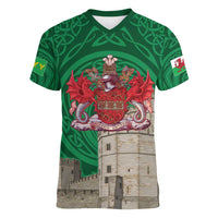 Personalized Caernarfonshire Wales Women V-Neck T-Shirt Caernarfon Castle and Emblem Celtic Style - Wonder Print Shop