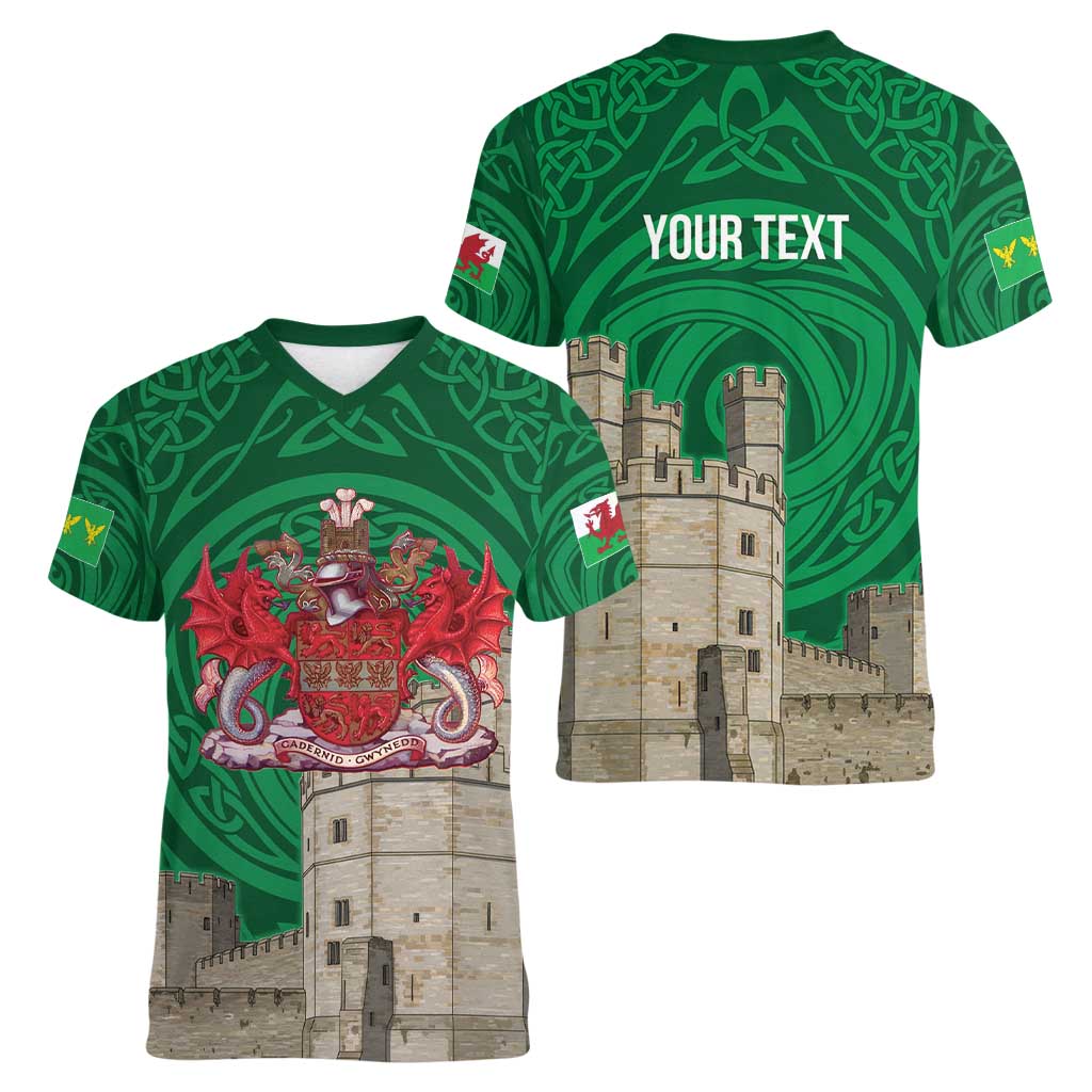 Personalized Caernarfonshire Wales Women V-Neck T-Shirt Caernarfon Castle and Emblem Celtic Style - Wonder Print Shop