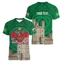 Personalized Caernarfonshire Wales Women V-Neck T-Shirt Caernarfon Castle and Emblem Celtic Style - Wonder Print Shop