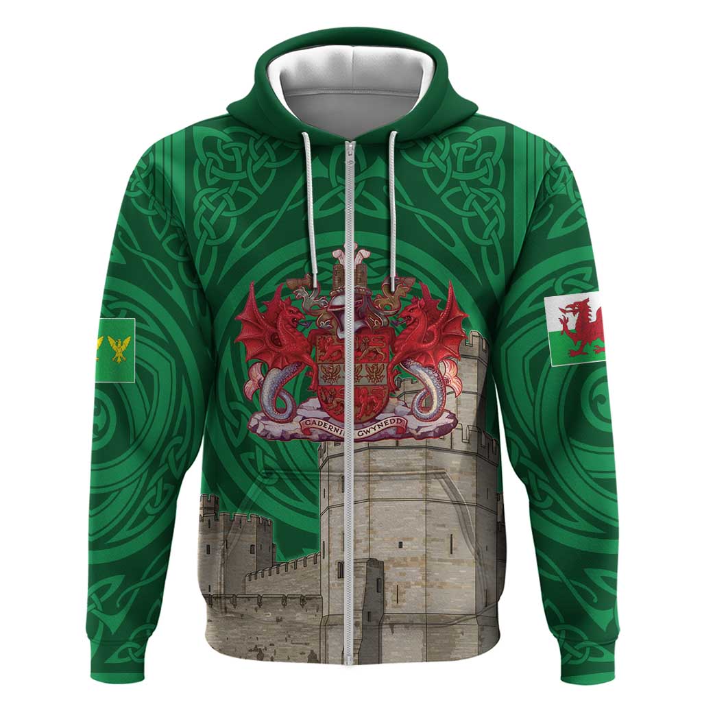 Personalized Caernarfonshire Wales Zip Hoodie Caernarfon Castle and Emblem Celtic Style - Wonder Print Shop