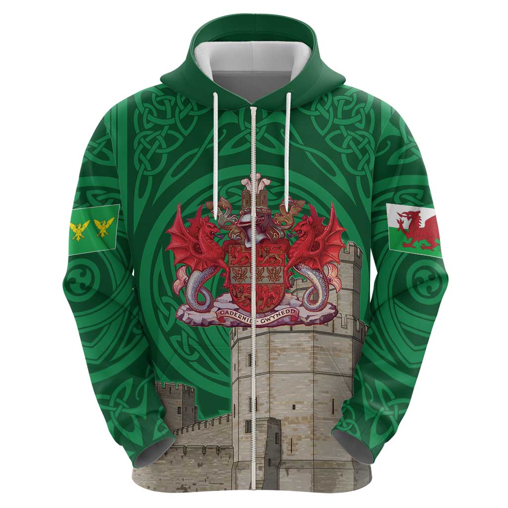 Personalized Caernarfonshire Wales Zip Hoodie Caernarfon Castle and Emblem Celtic Style - Wonder Print Shop