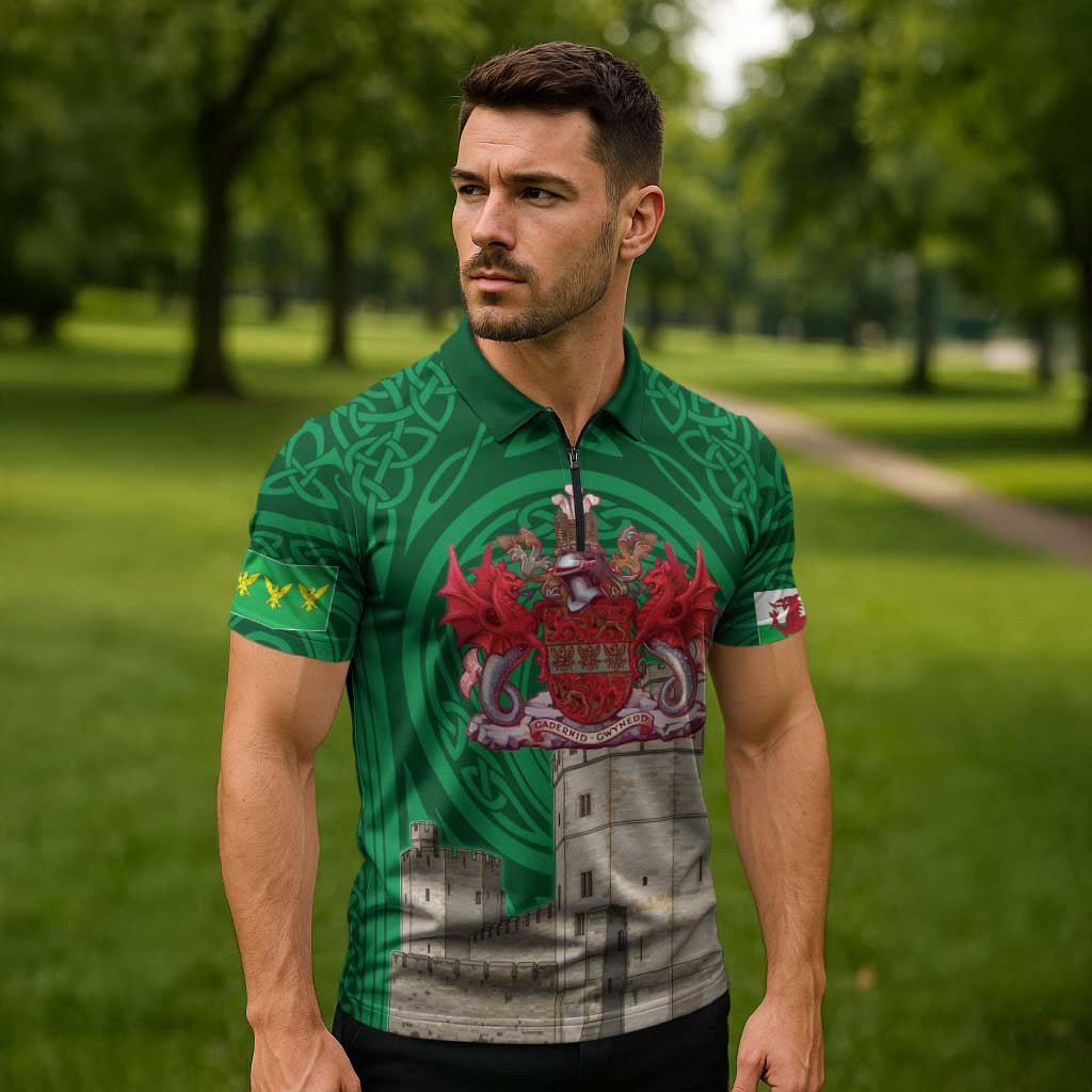 Personalized Caernarfonshire Wales Zipper Polo Shirt Caernarfon Castle and Emblem Celtic Style - Wonder Print Shop