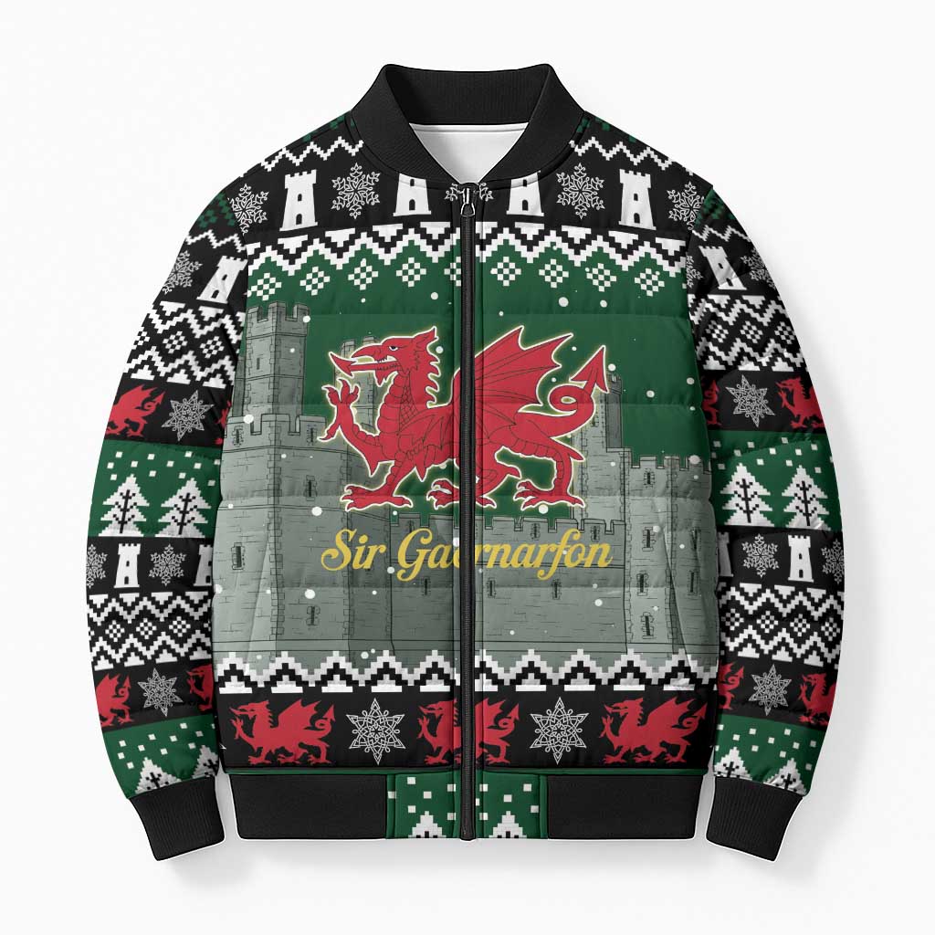 Caernarfonshire Wales Christmas Bomber Puffer Jacket Caernarfon Castle Red Dragon - Wonder Print Shop