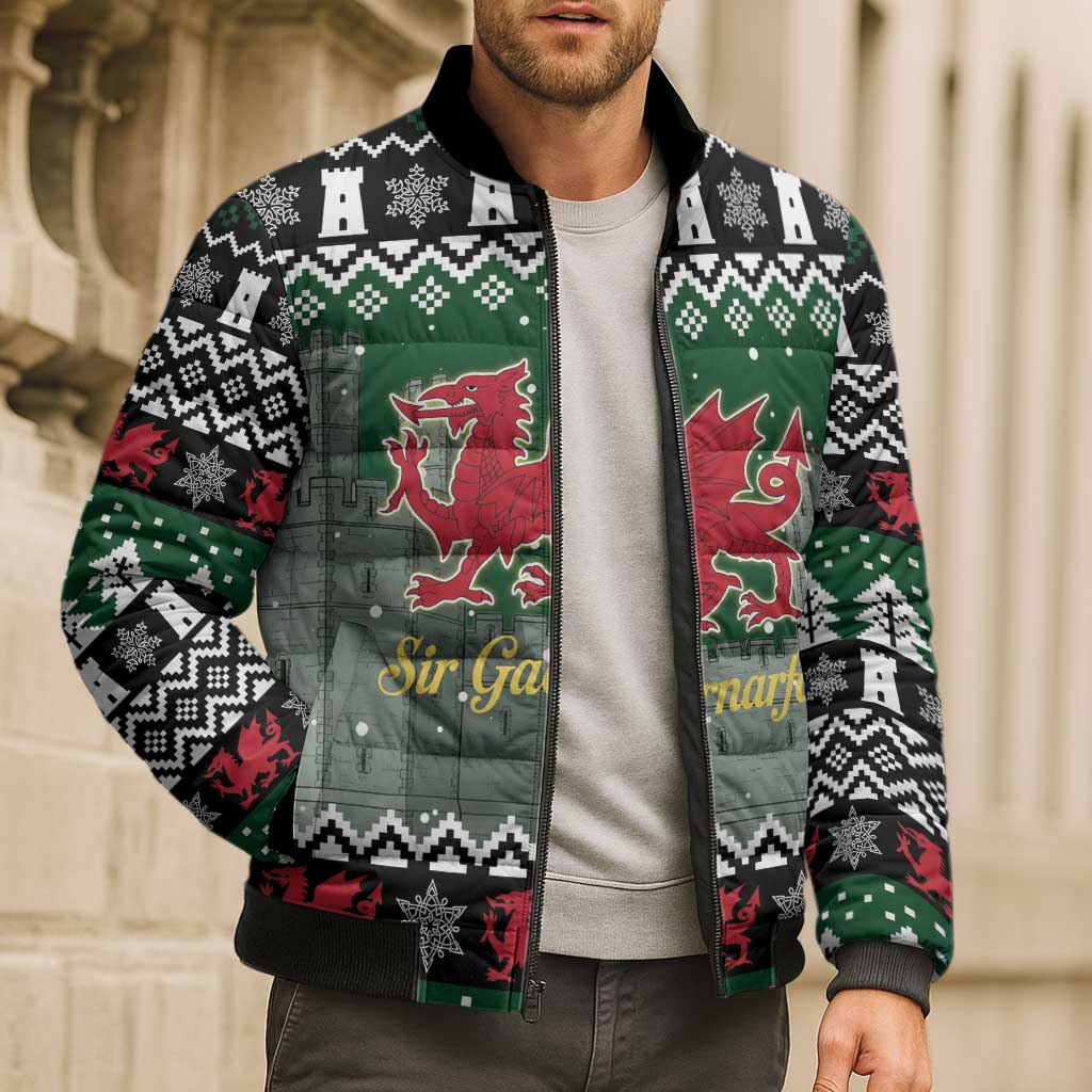 Caernarfonshire Wales Christmas Bomber Puffer Jacket Caernarfon Castle Red Dragon - Wonder Print Shop