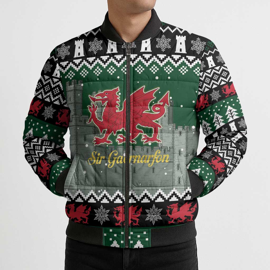 Caernarfonshire Wales Christmas Bomber Puffer Jacket Caernarfon Castle Red Dragon - Wonder Print Shop