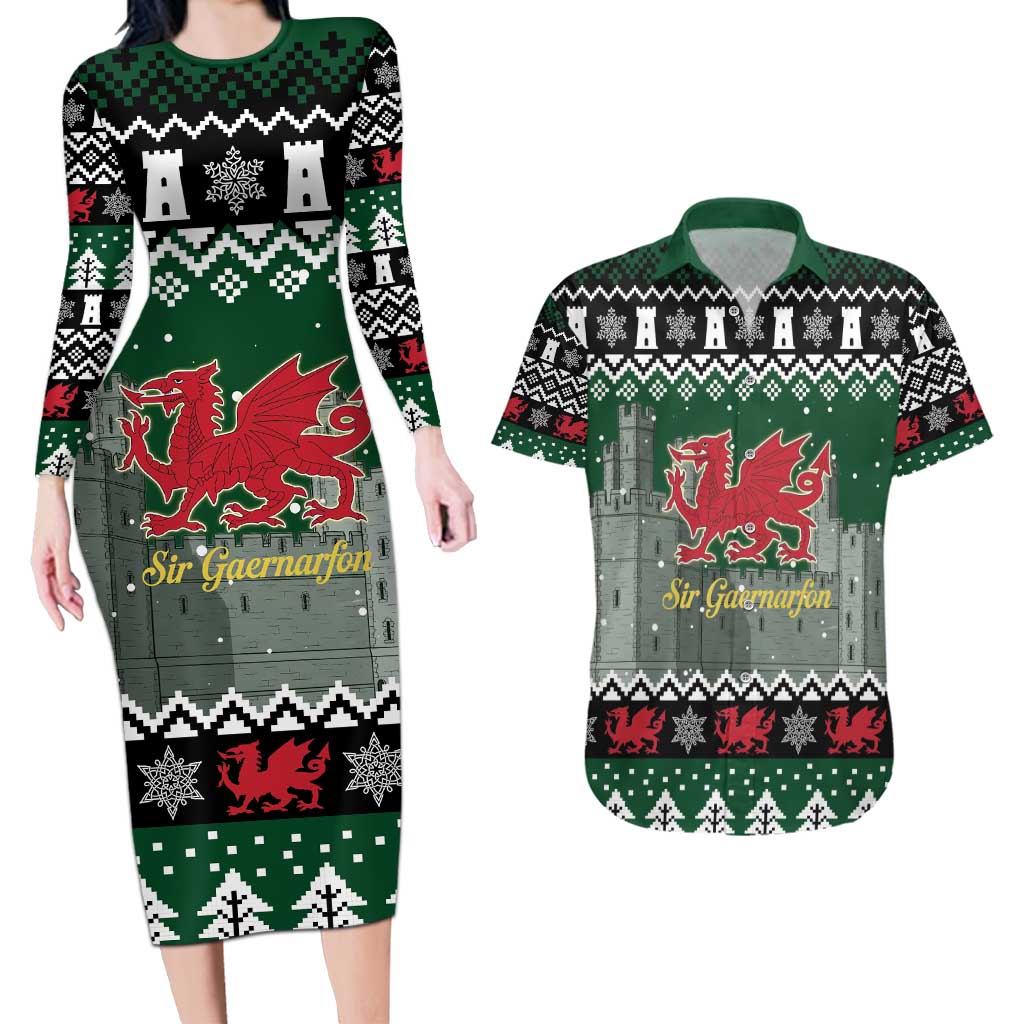 Caernarfonshire Wales Christmas Couples Matching Long Sleeve Bodycon Dress and Hawaiian Shirt Caernarfon Castle Red Dragon - Wonder Print Shop
