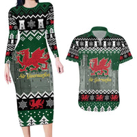 Caernarfonshire Wales Christmas Couples Matching Long Sleeve Bodycon Dress and Hawaiian Shirt Caernarfon Castle Red Dragon - Wonder Print Shop