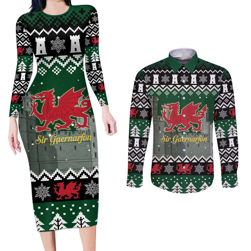 Caernarfonshire Wales Christmas Couples Matching Long Sleeve Bodycon Dress and Long Sleeve Button Shirt Caernarfon Castle Red Dragon - Wonder Print Shop