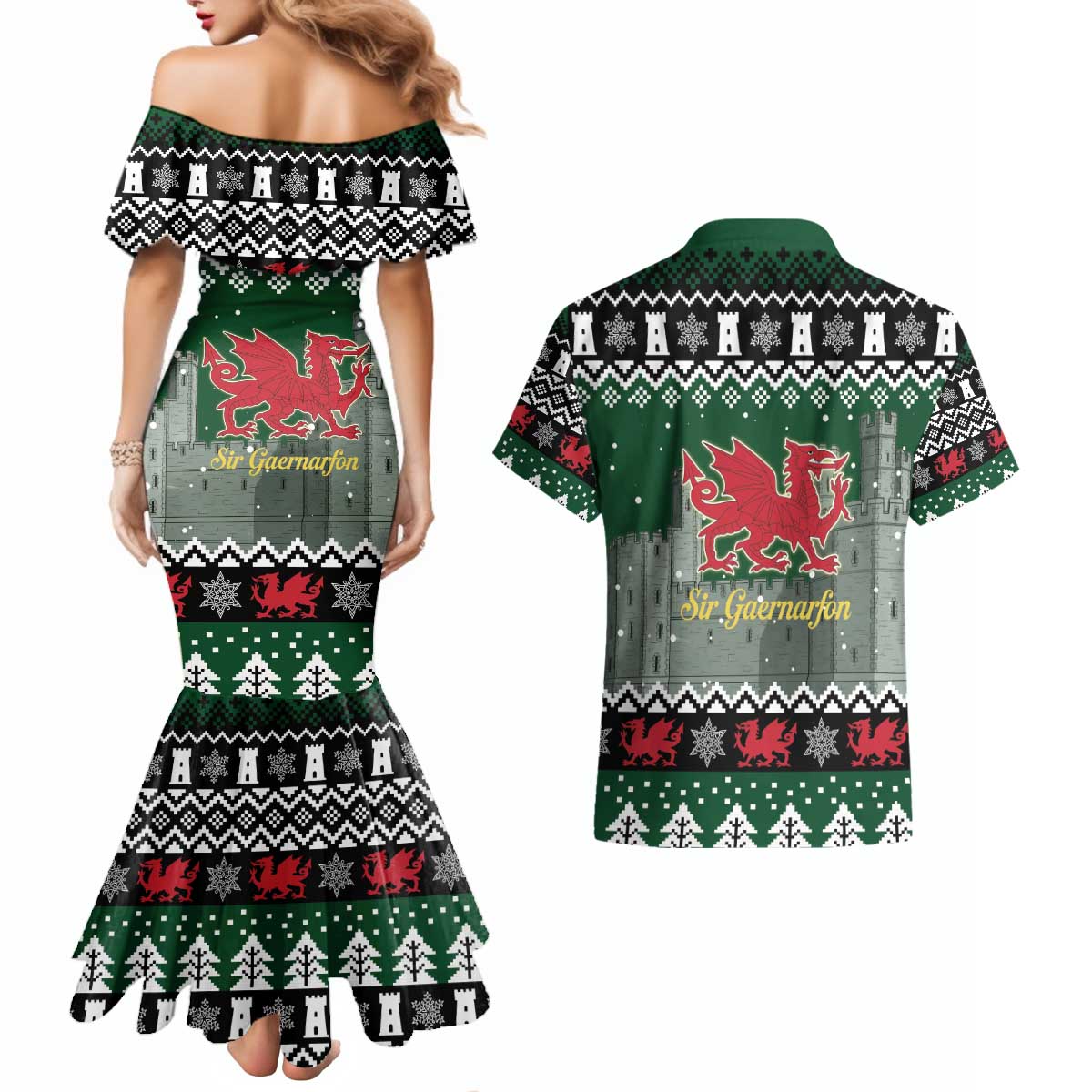 Caernarfonshire Wales Christmas Couples Matching Mermaid Dress and Hawaiian Shirt Caernarfon Castle Red Dragon - Wonder Print Shop