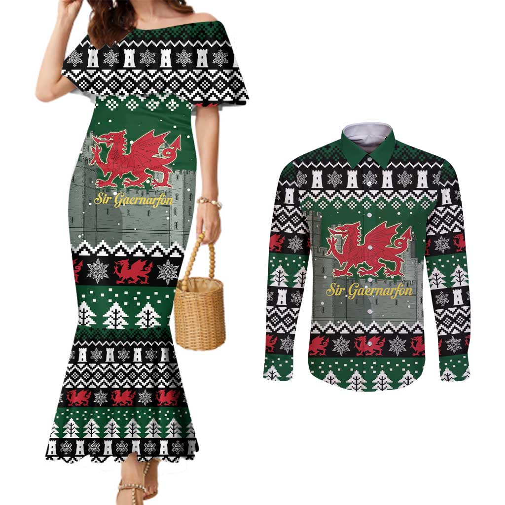 Caernarfonshire Wales Christmas Couples Matching Mermaid Dress and Long Sleeve Button Shirt Caernarfon Castle Red Dragon - Wonder Print Shop