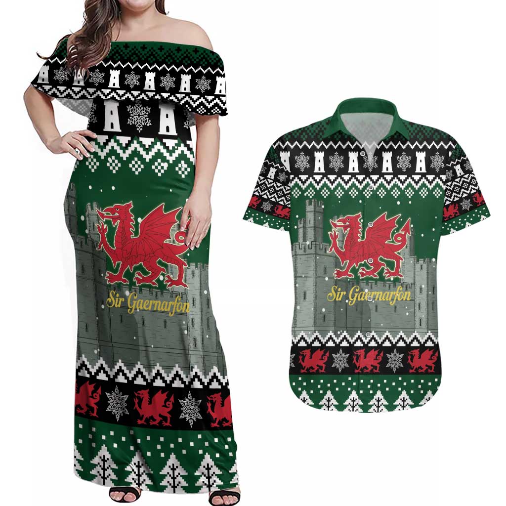 Caernarfonshire Wales Christmas Couples Matching Off Shoulder Maxi Dress and Hawaiian Shirt Caernarfon Castle Red Dragon - Wonder Print Shop
