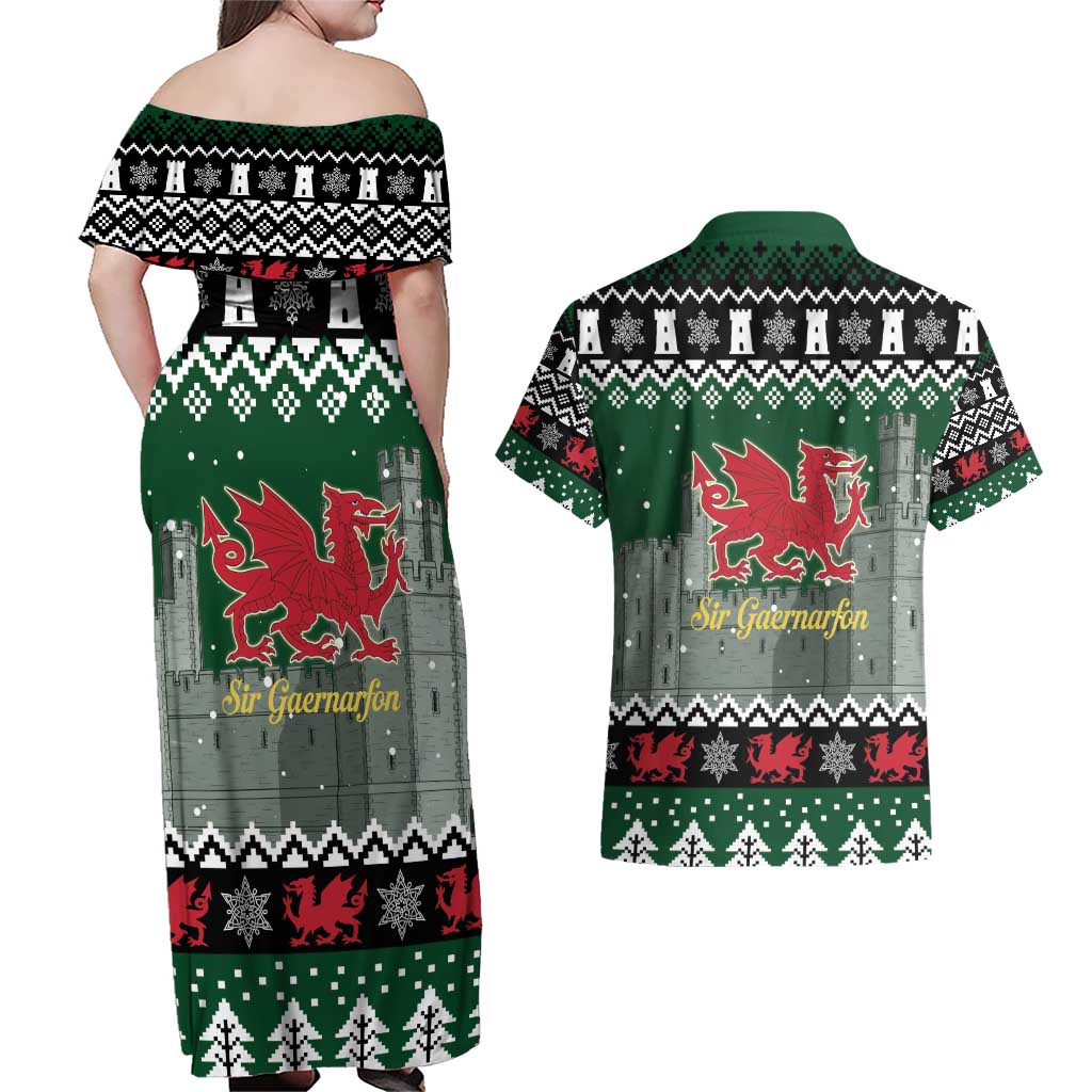 Caernarfonshire Wales Christmas Couples Matching Off Shoulder Maxi Dress and Hawaiian Shirt Caernarfon Castle Red Dragon - Wonder Print Shop