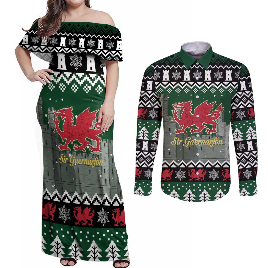 Caernarfonshire Wales Christmas Couples Matching Off Shoulder Maxi Dress and Long Sleeve Button Shirt Caernarfon Castle Red Dragon - Wonder Print Shop