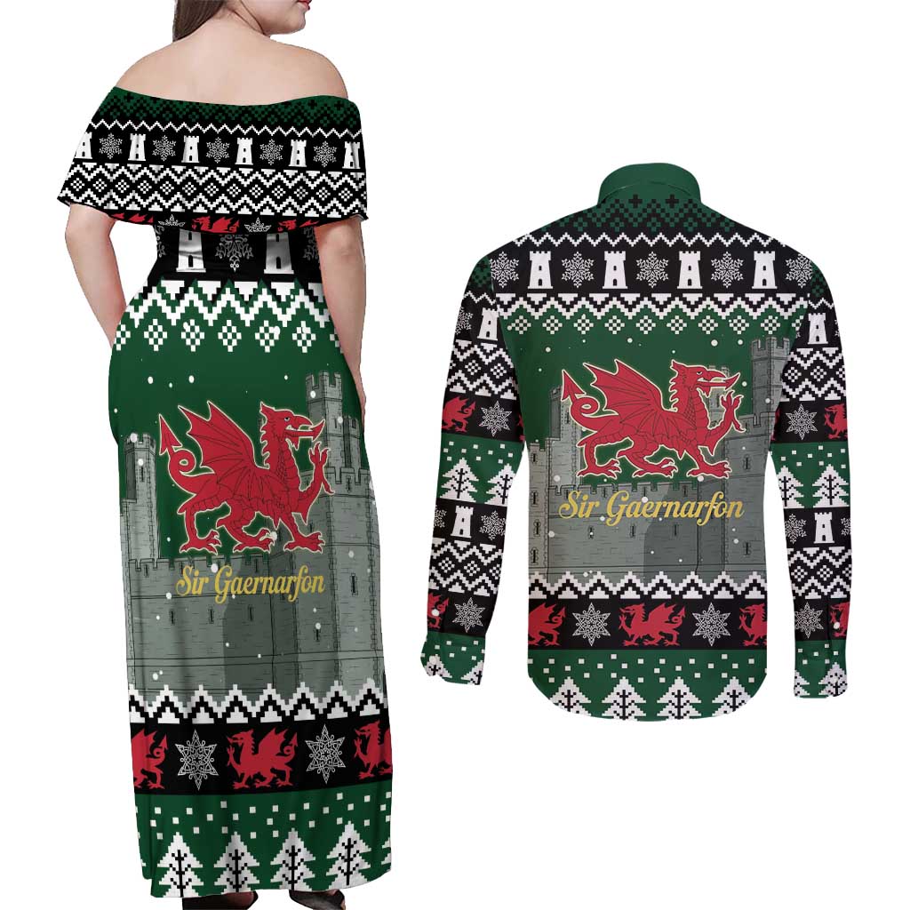 Caernarfonshire Wales Christmas Couples Matching Off Shoulder Maxi Dress and Long Sleeve Button Shirt Caernarfon Castle Red Dragon - Wonder Print Shop