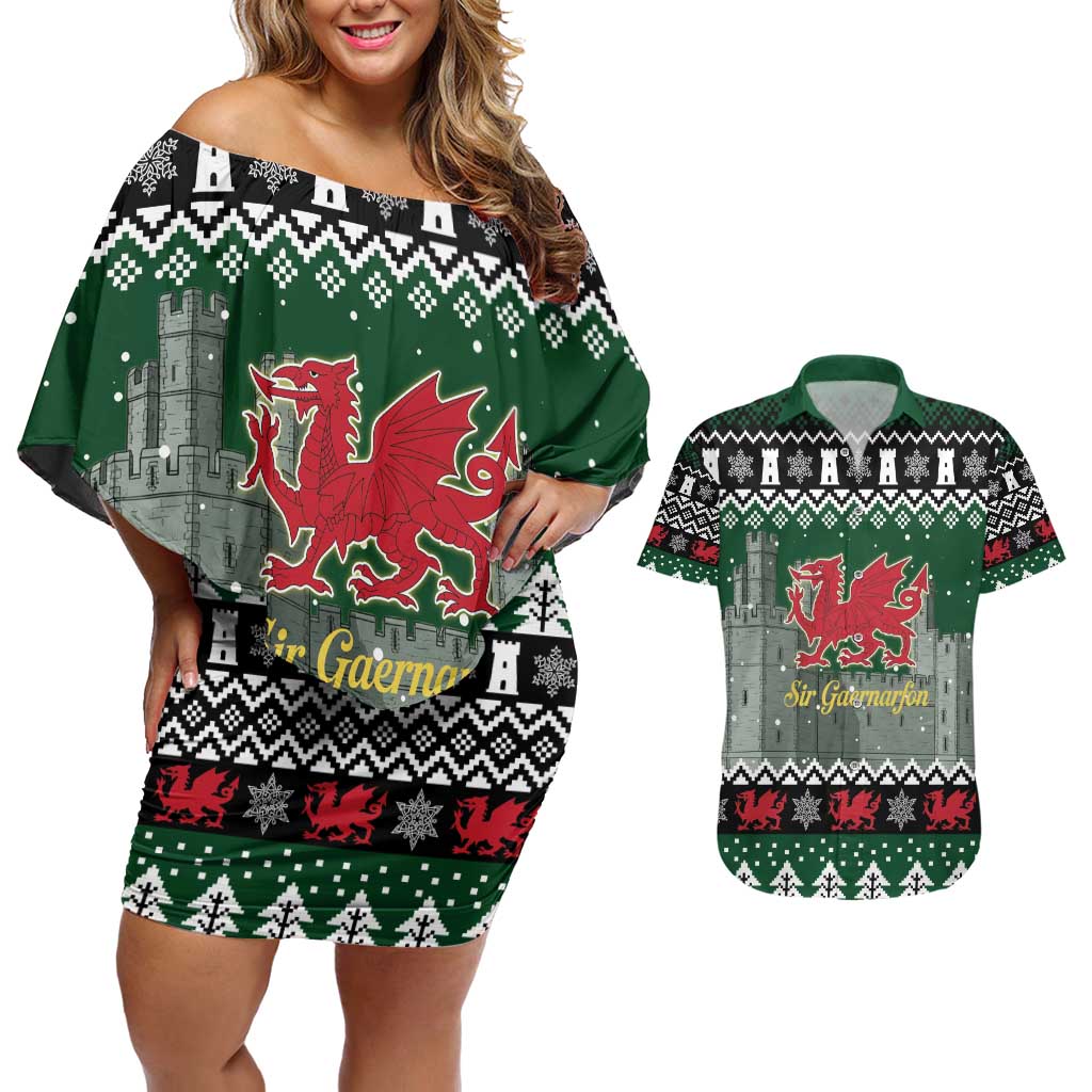 Caernarfonshire Wales Christmas Couples Matching Off Shoulder Short Dress and Hawaiian Shirt Caernarfon Castle Red Dragon - Wonder Print Shop