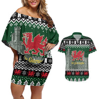 Caernarfonshire Wales Christmas Couples Matching Off Shoulder Short Dress and Hawaiian Shirt Caernarfon Castle Red Dragon - Wonder Print Shop
