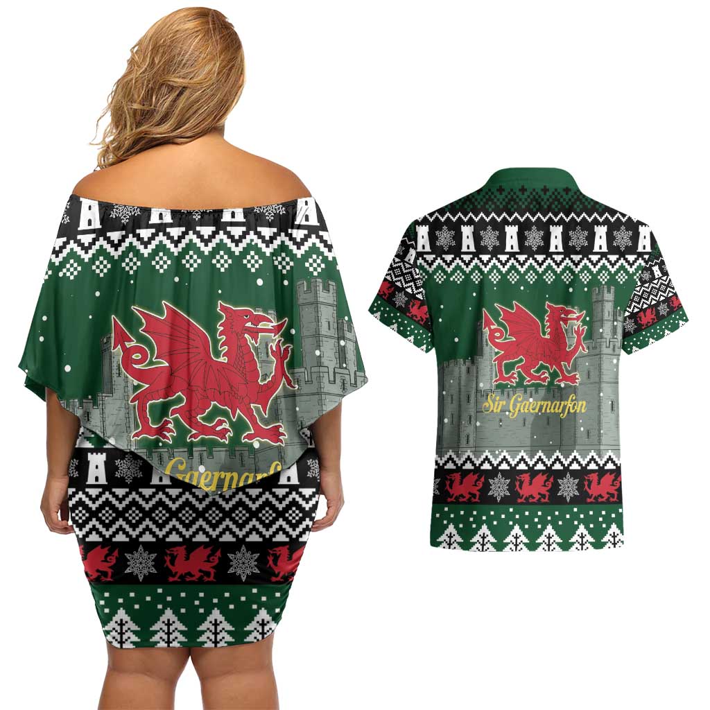 Caernarfonshire Wales Christmas Couples Matching Off Shoulder Short Dress and Hawaiian Shirt Caernarfon Castle Red Dragon - Wonder Print Shop