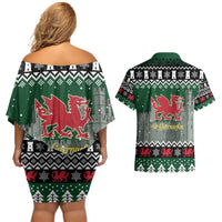 Caernarfonshire Wales Christmas Couples Matching Off Shoulder Short Dress and Hawaiian Shirt Caernarfon Castle Red Dragon - Wonder Print Shop